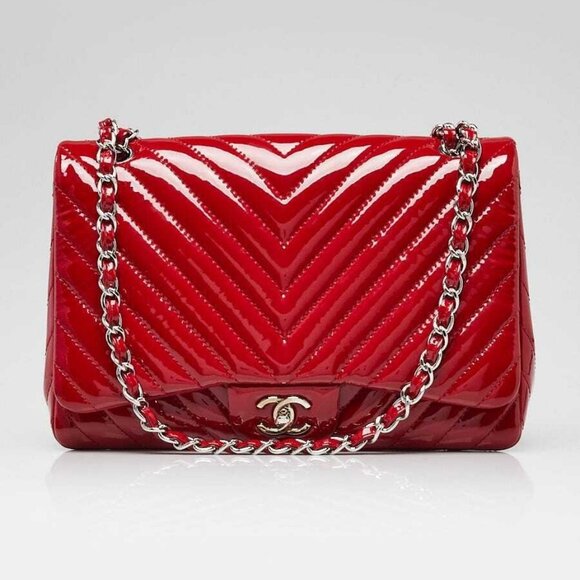 Chanel Red Chevron Quilted Patent Leather Classic Single Jumbo Flap Bag - Picture 1 of 10